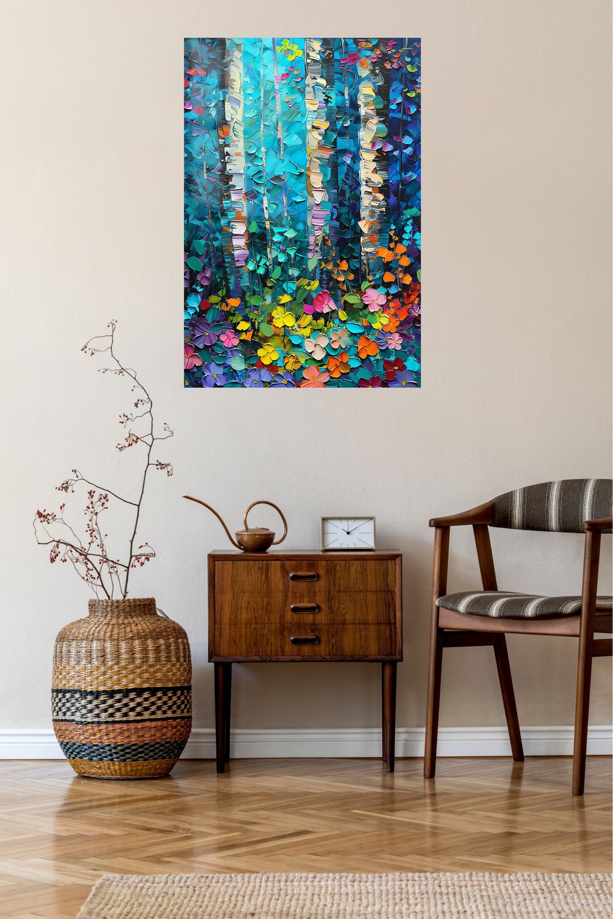 Vivid Birch Garden metal wall art displayed in a contemporary living space