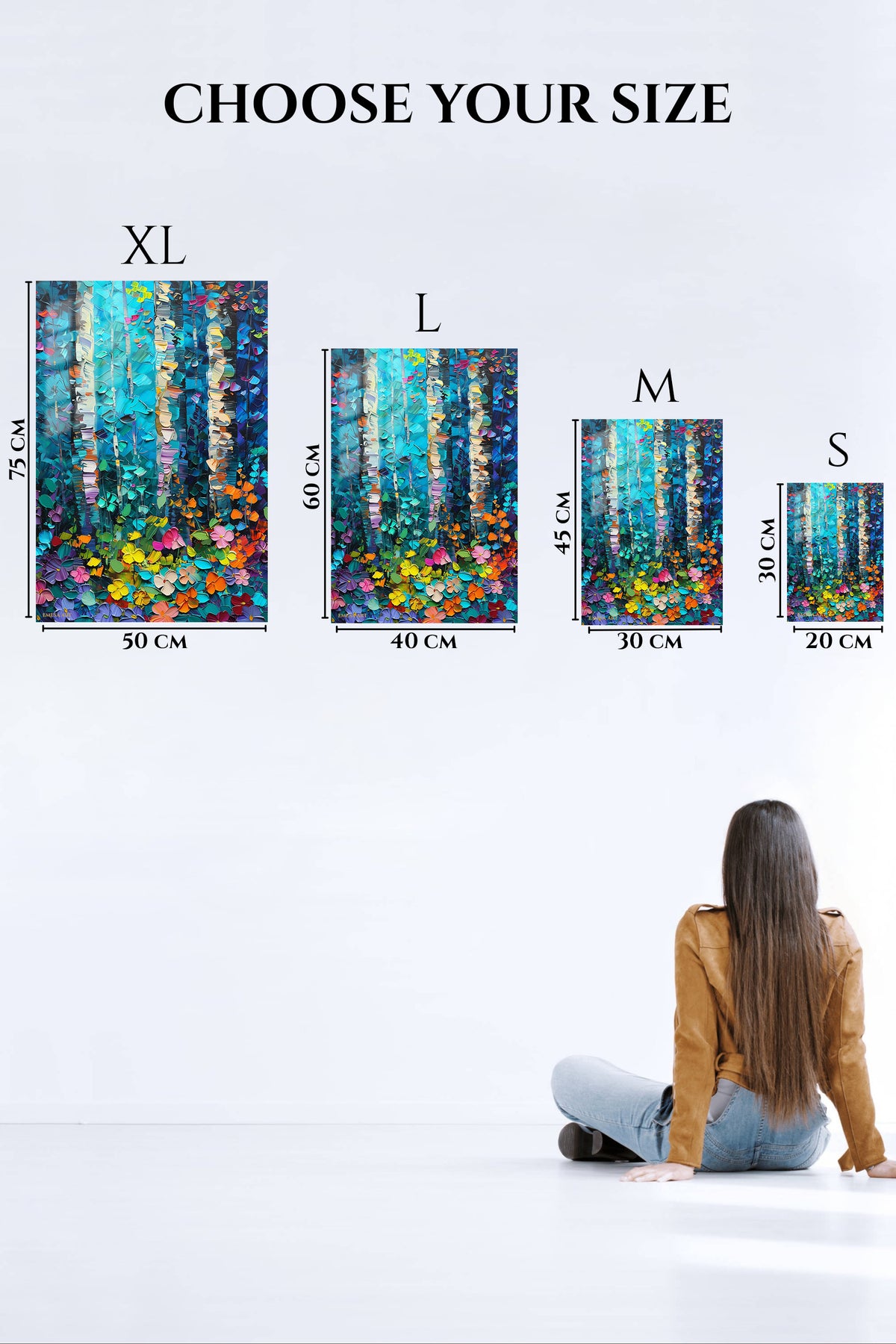 EMESA metal wall art size comparison guide for Vivid Birch Garden