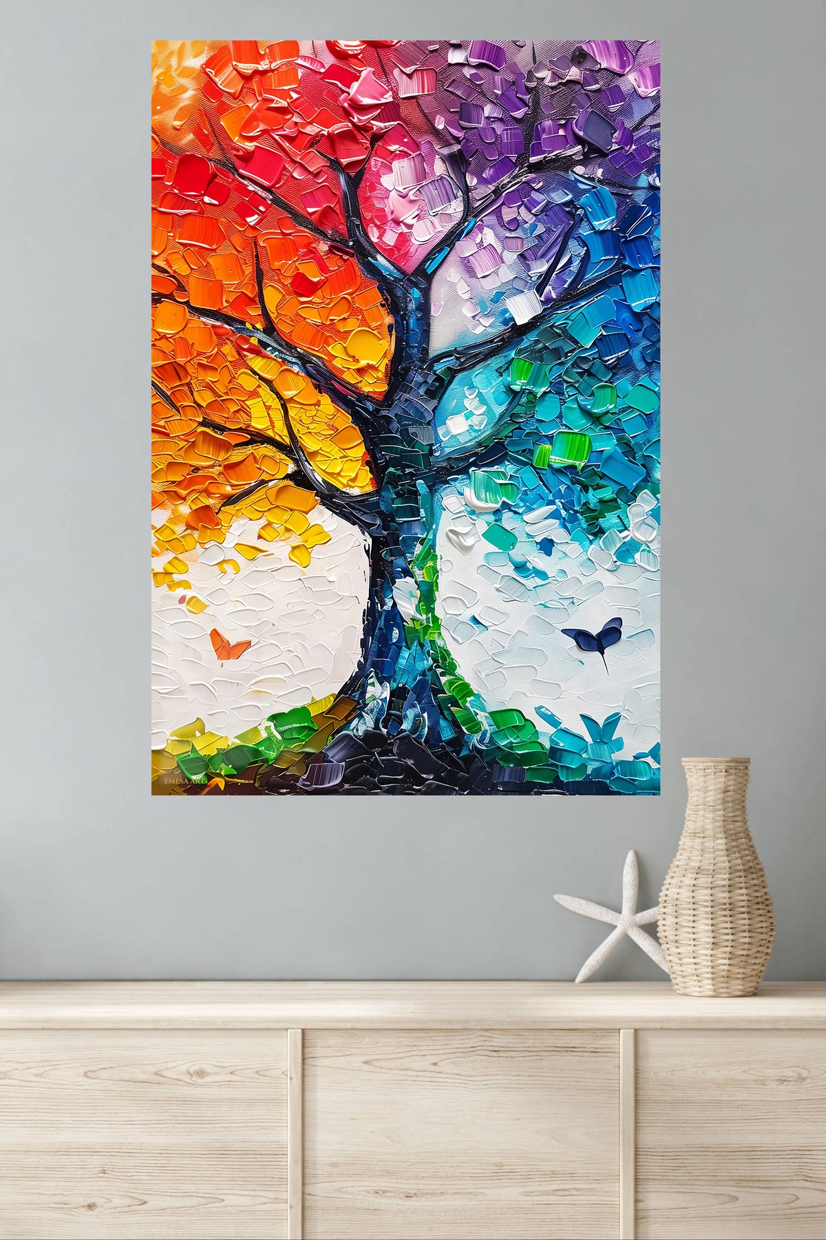 Prismatic Seasons Tree metal wall art displayed in a modern interior