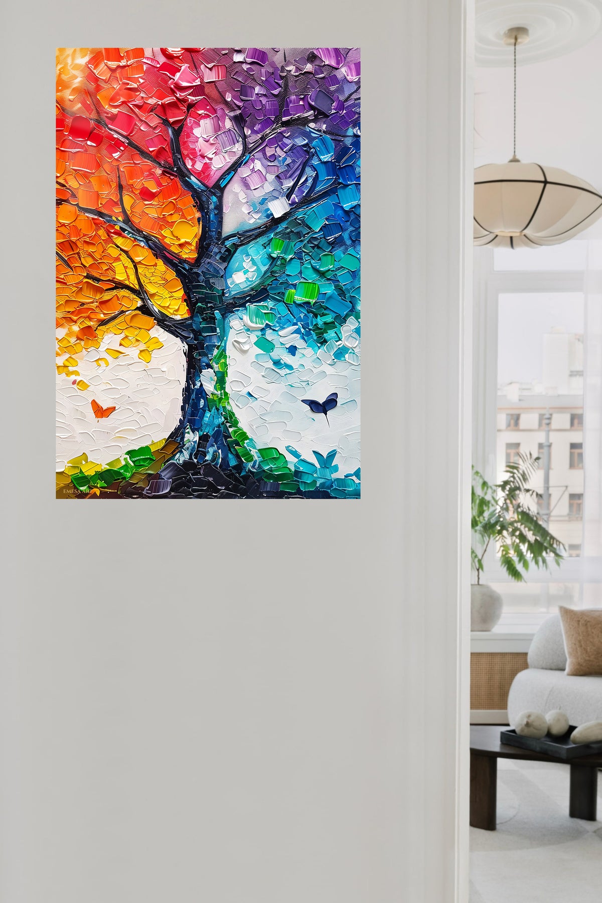 Prismatic Seasons Tree metal wall art displayed in a contemporary living space