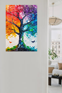 Prismatic Seasons Tree metal wall art displayed in a contemporary living space