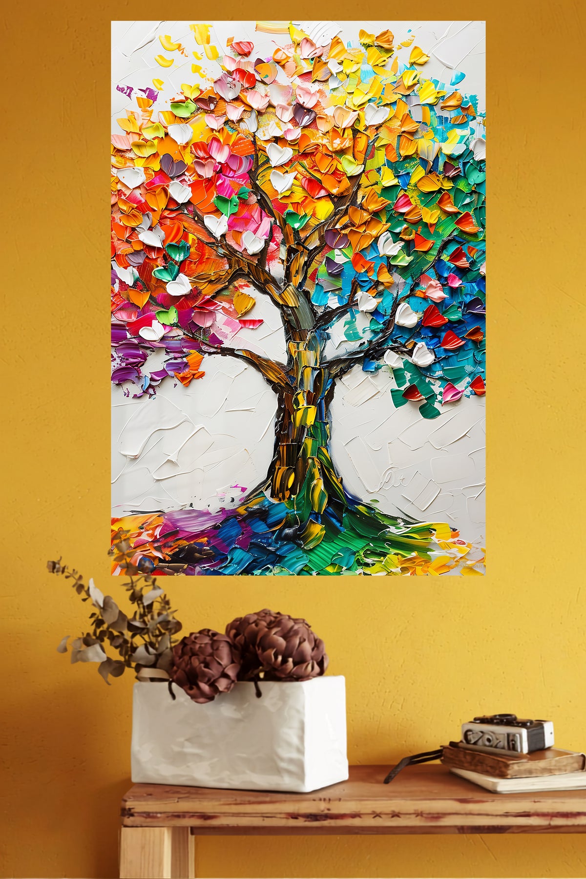 Blooming Color Tree metal wall art displayed in a modern interior