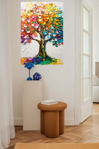 Blooming Color Tree metal wall art displayed in a contemporary living space