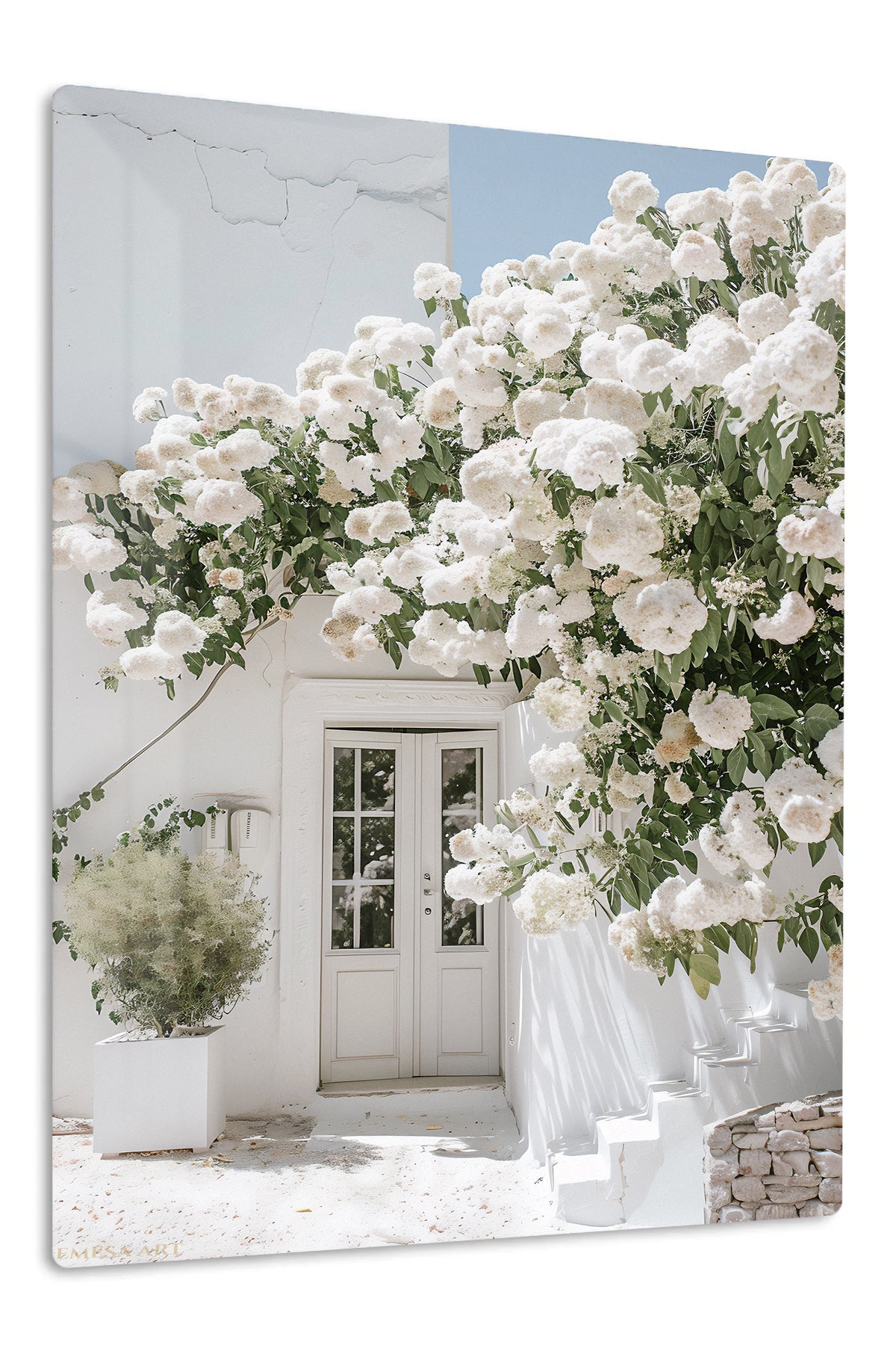 White Blossom Courtyard premium metal wall art – front view