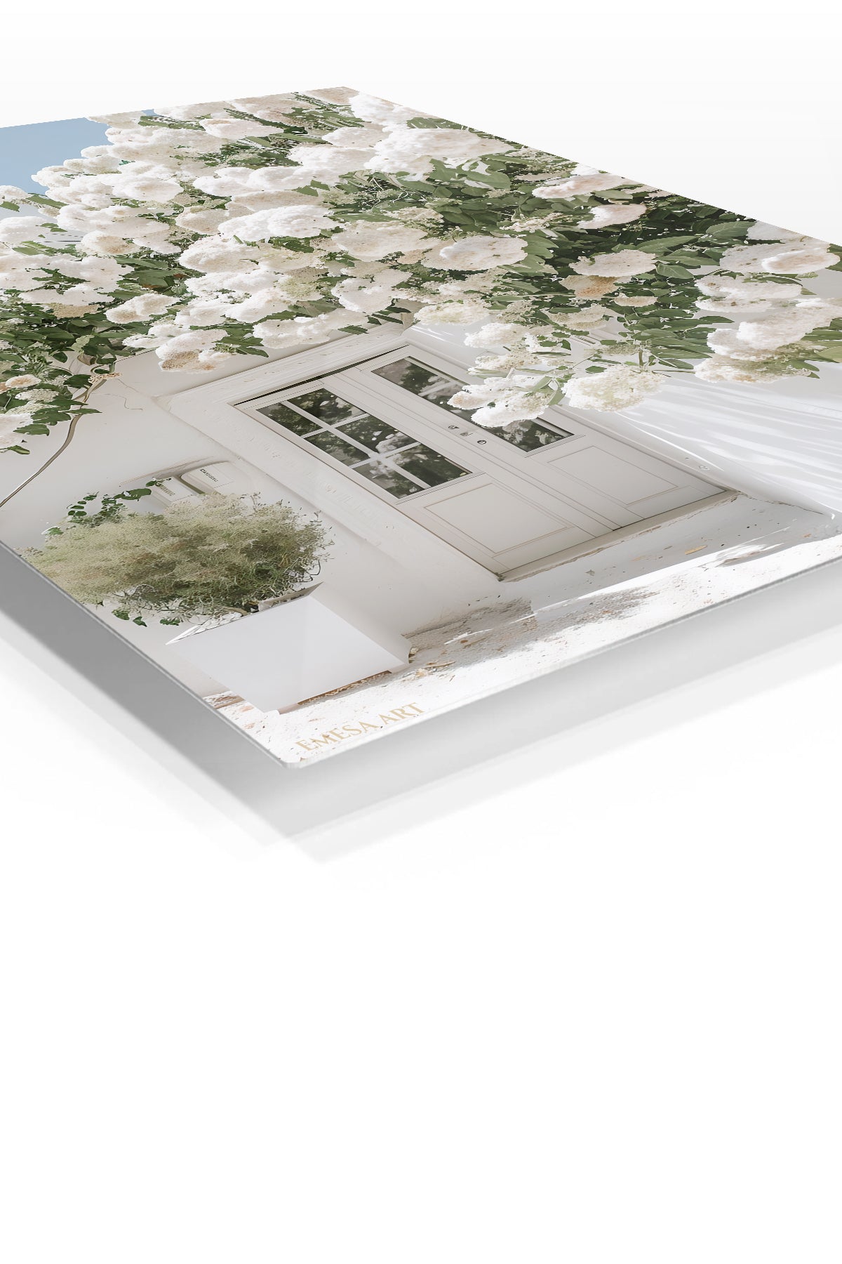 White Blossom Courtyard premium metal wall art – angled view