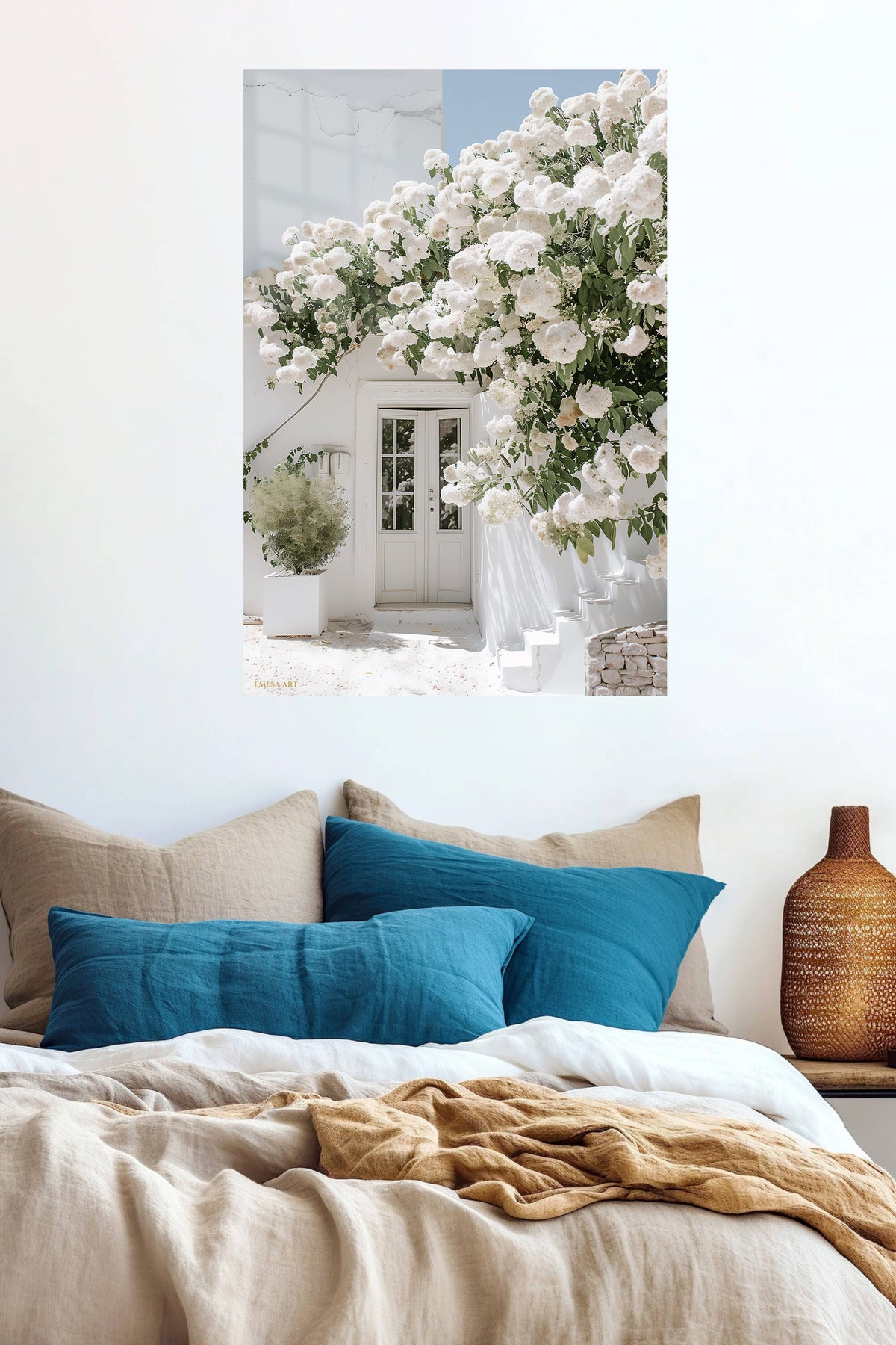 White Blossom Courtyard metal wall art displayed in a contemporary living space