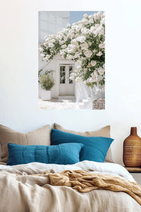 White Blossom Courtyard metal wall art displayed in a contemporary living space