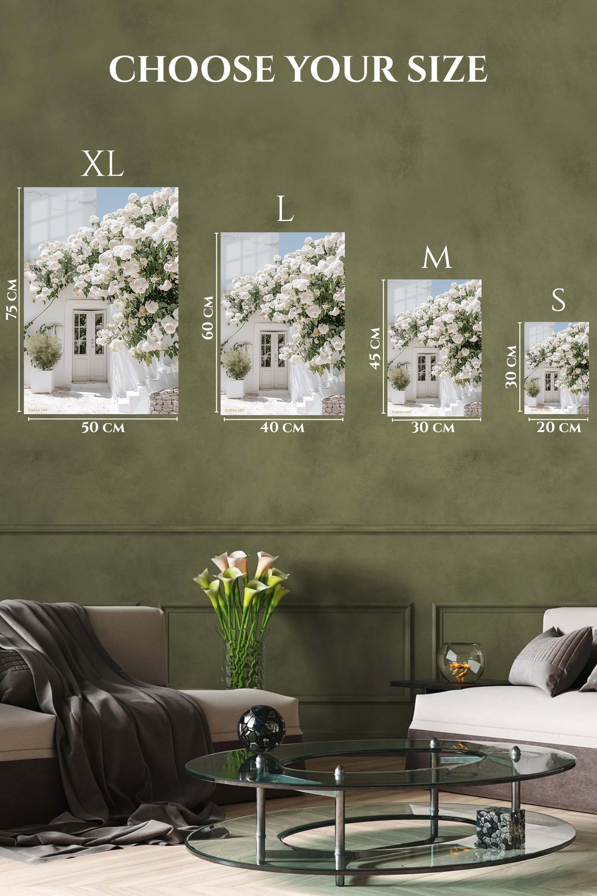 EMESA metal wall art size comparison guide for White Blossom Courtyard