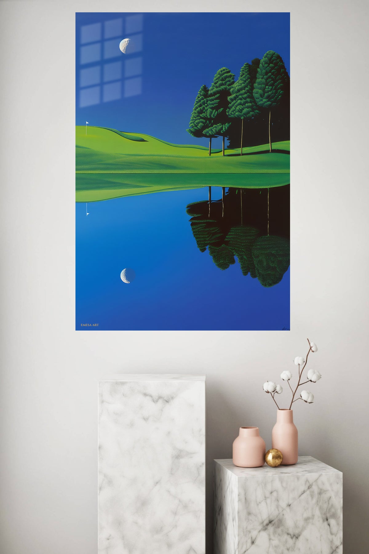 Moonlit Green Reflection metal wall art displayed in a modern interior