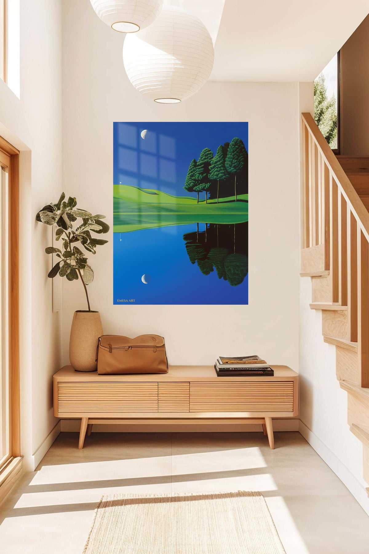 Moonlit Green Reflection metal wall art displayed in a contemporary living space