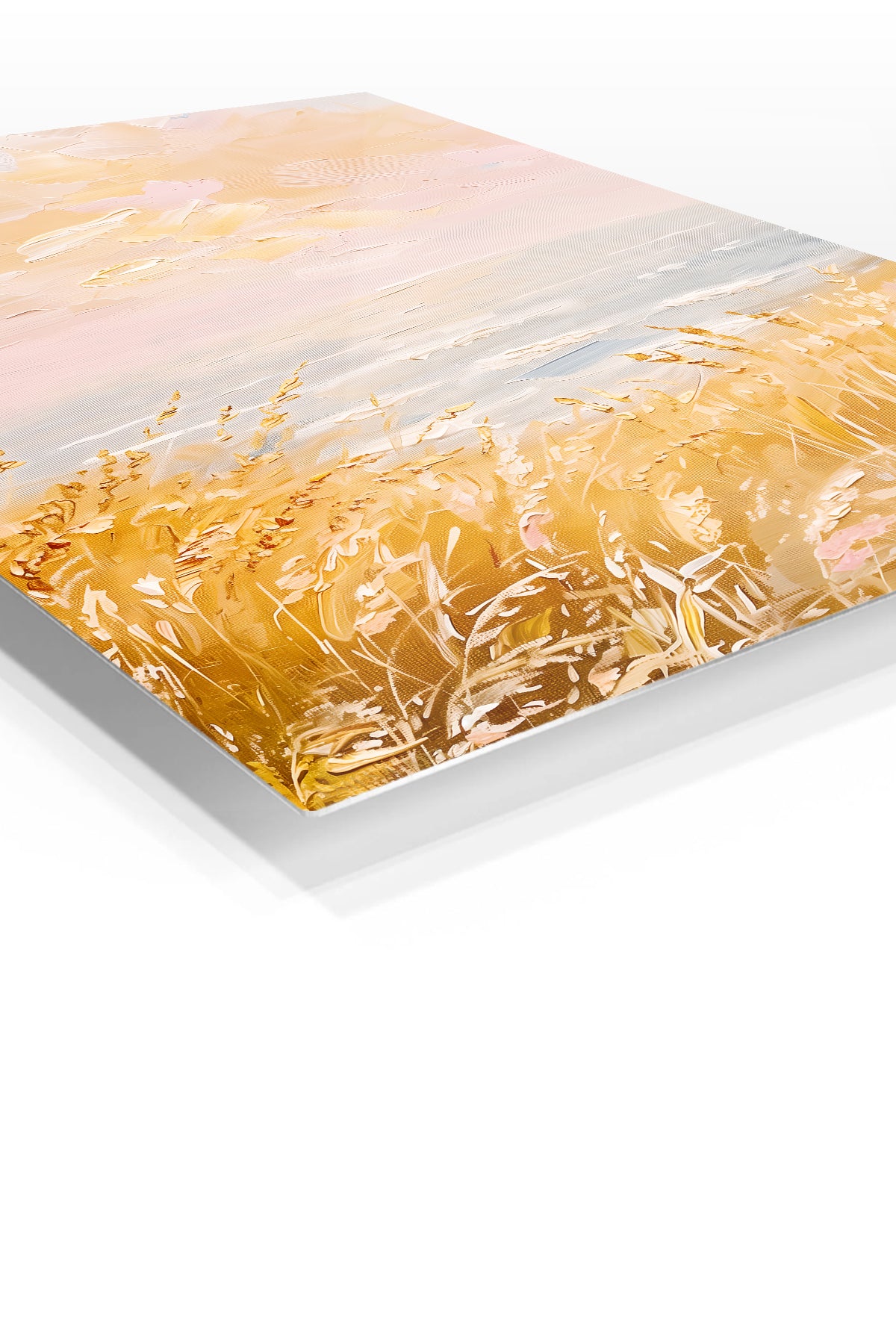 Golden Meadow Morning premium metal wall art – angled view