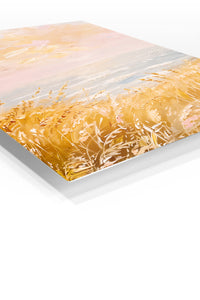 Golden Meadow Morning premium metal wall art – angled view
