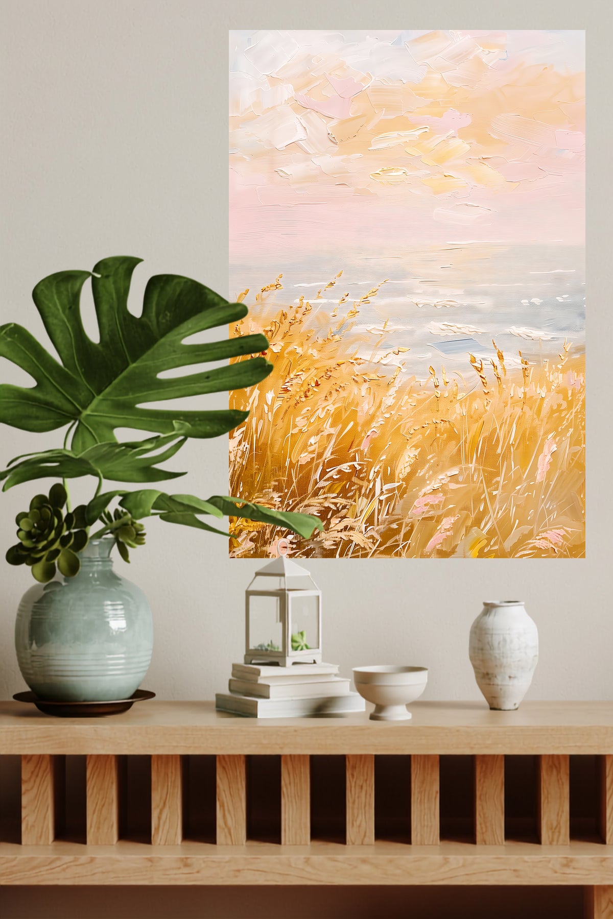 Golden Meadow Morning metal wall art displayed in a modern interior