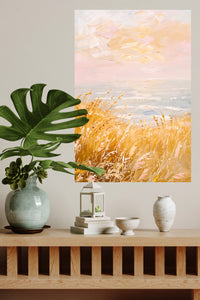 Golden Meadow Morning metal wall art displayed in a modern interior