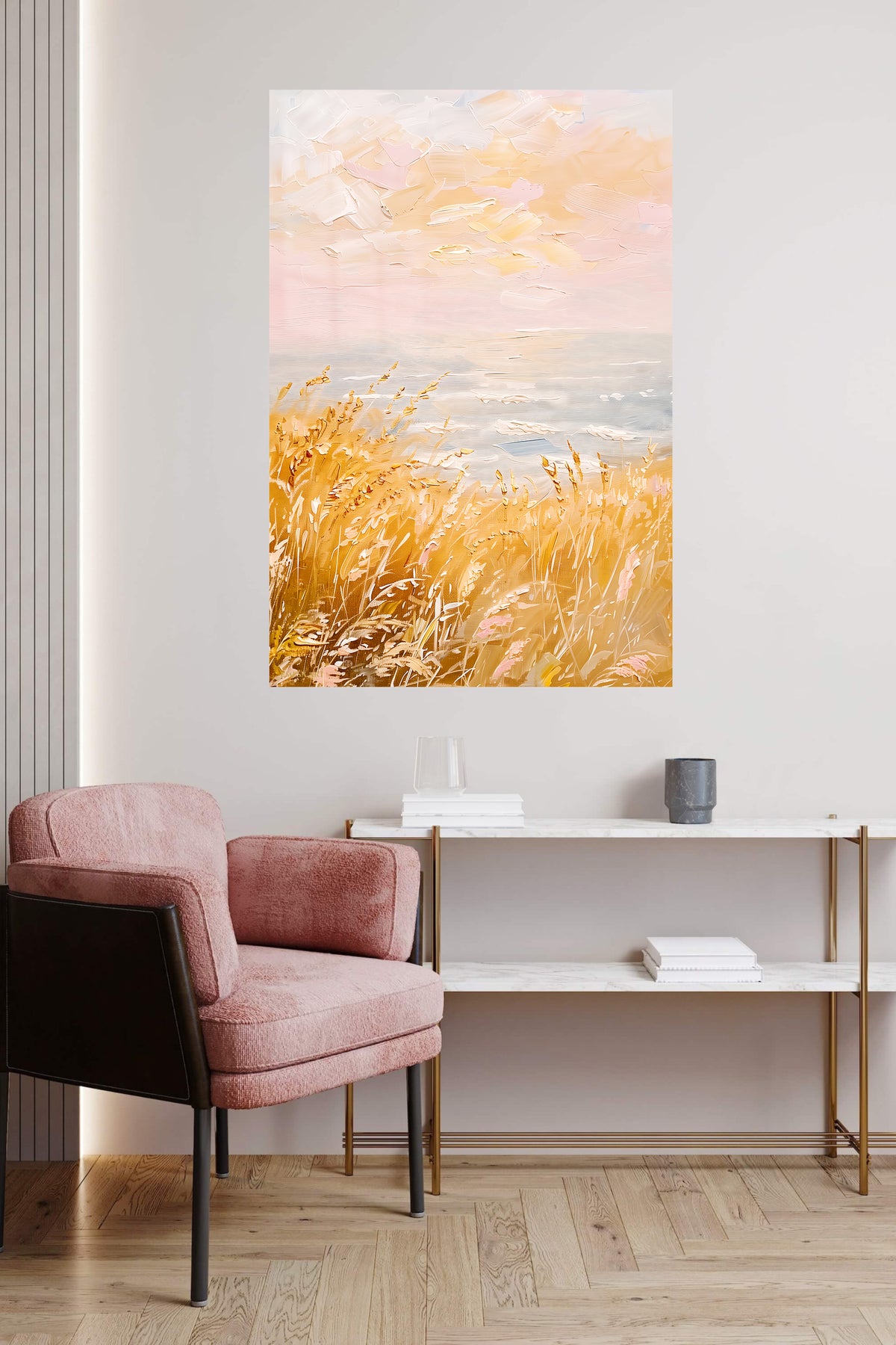 Golden Meadow Morning metal wall art displayed in a contemporary living space