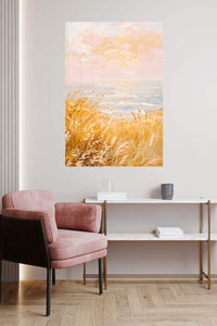 Golden Meadow Morning metal wall art displayed in a contemporary living space