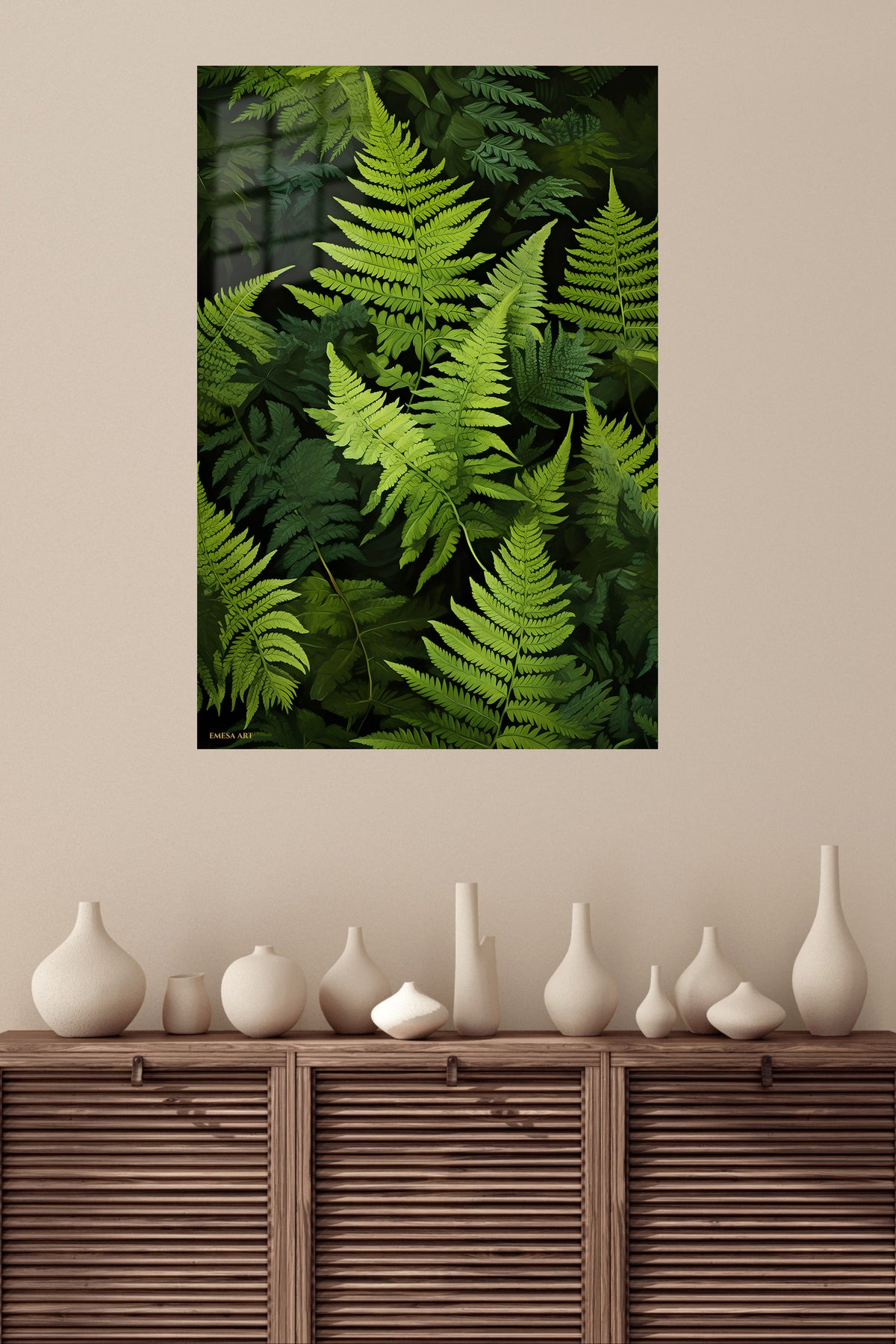 Lush Green Fern Canopy metal wall art displayed in a modern interior