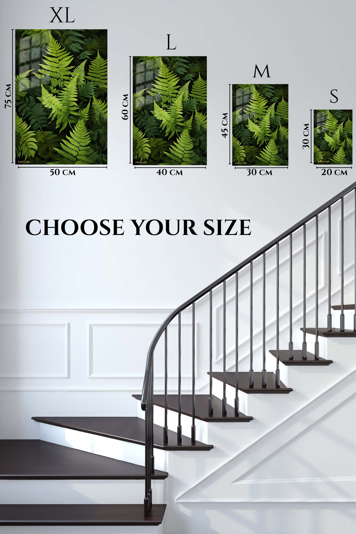 EMESA metal wall art size comparison guide for Lush Green Fern Canopy