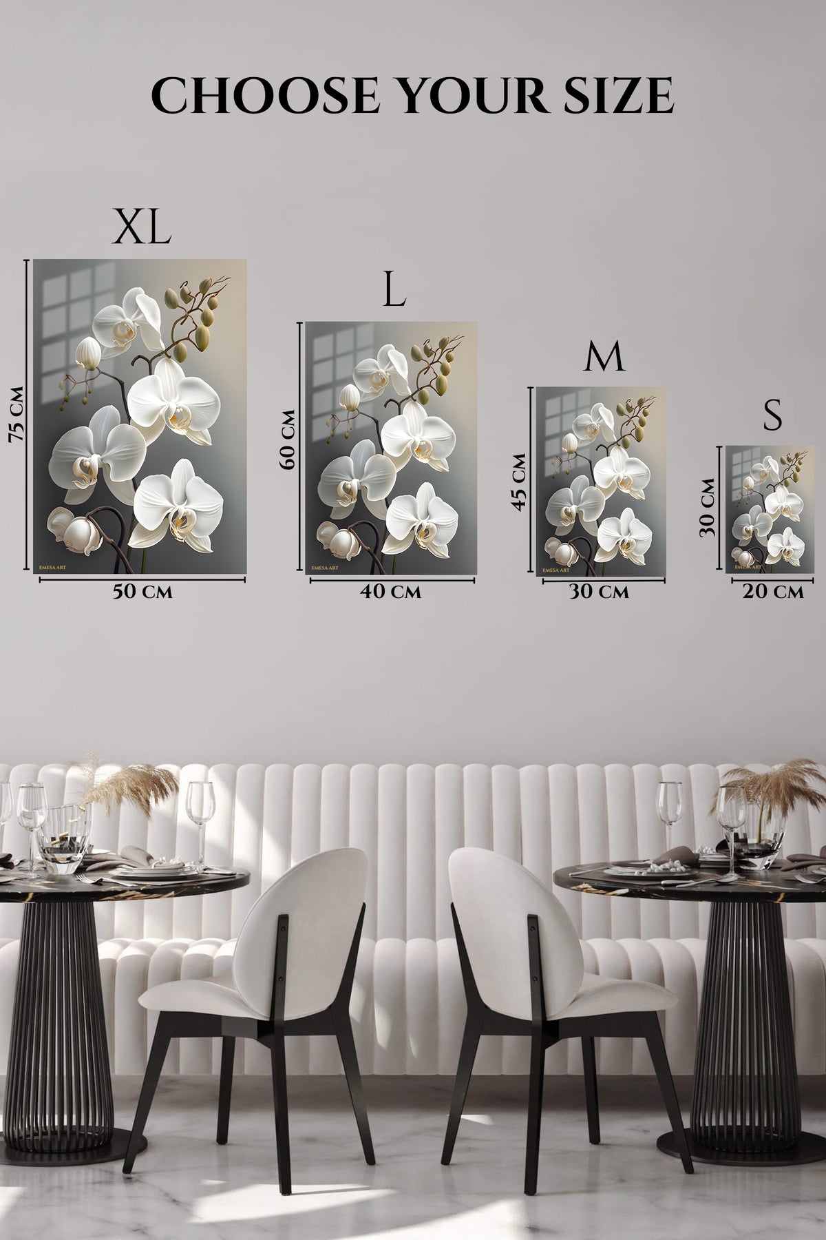 EMESA metal wall art size comparison guide for White Orchid Elegance