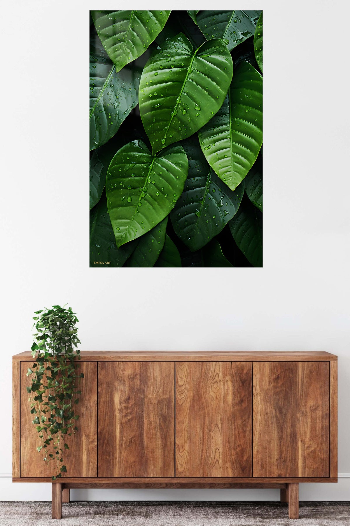 Rain-Kissed Tropical Leaves metal wall art displayed in a contemporary living space