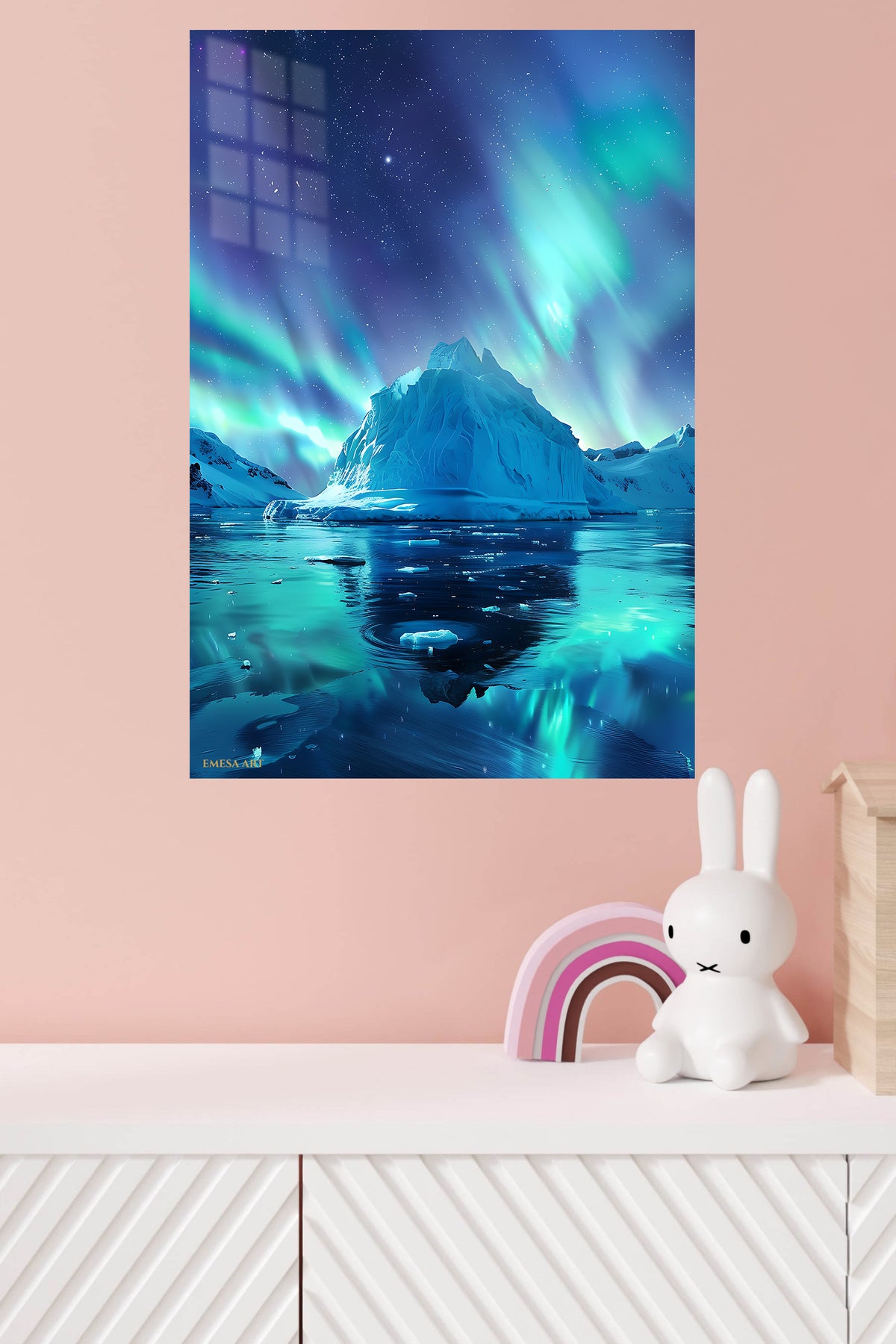Aurora Iceberg Reflections metal wall art displayed in a modern interior