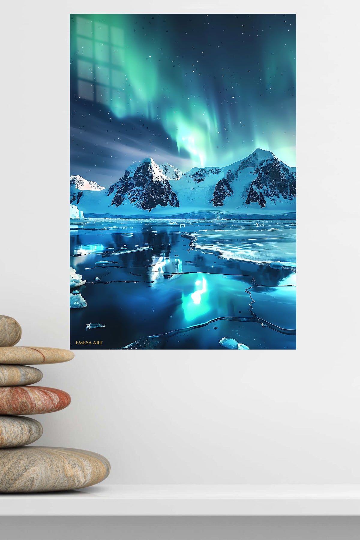 Aurora Over Frozen Peaks metal wall art displayed in a modern interior