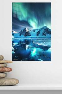 Aurora Over Frozen Peaks metal wall art displayed in a modern interior