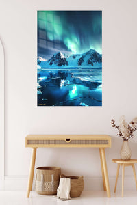 Aurora Over Frozen Peaks metal wall art displayed in a contemporary living space