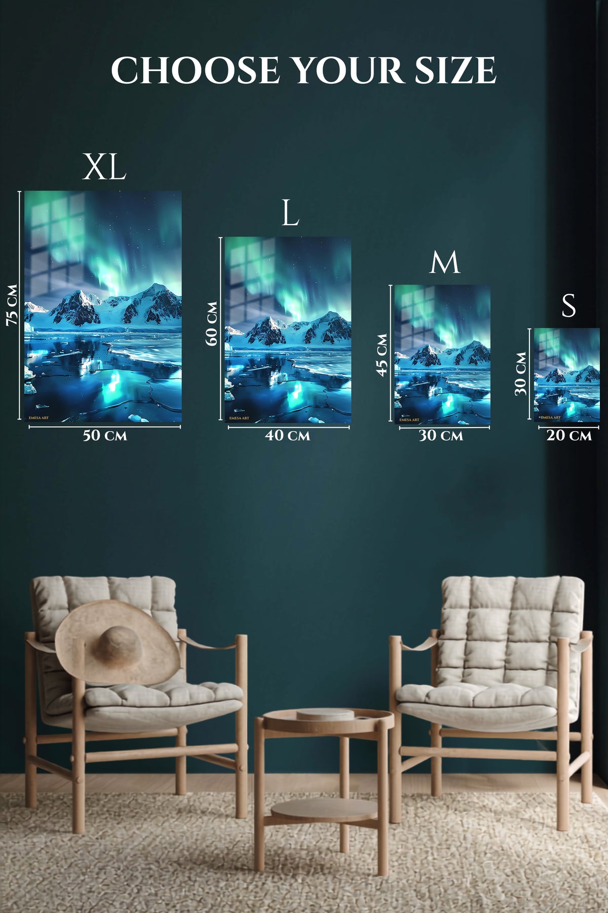 EMESA metal wall art size comparison guide for Aurora Over Frozen Peaks