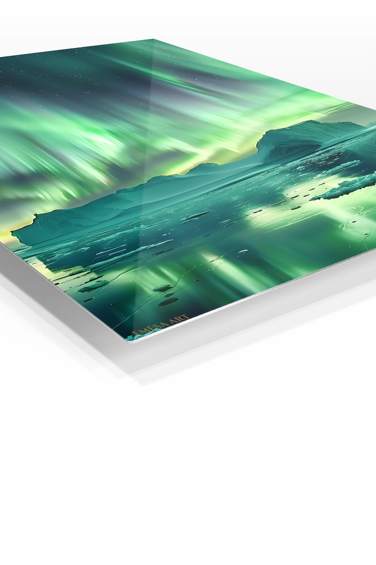 Emerald Aurora Over Iceberg premium metal wall art – angled view
