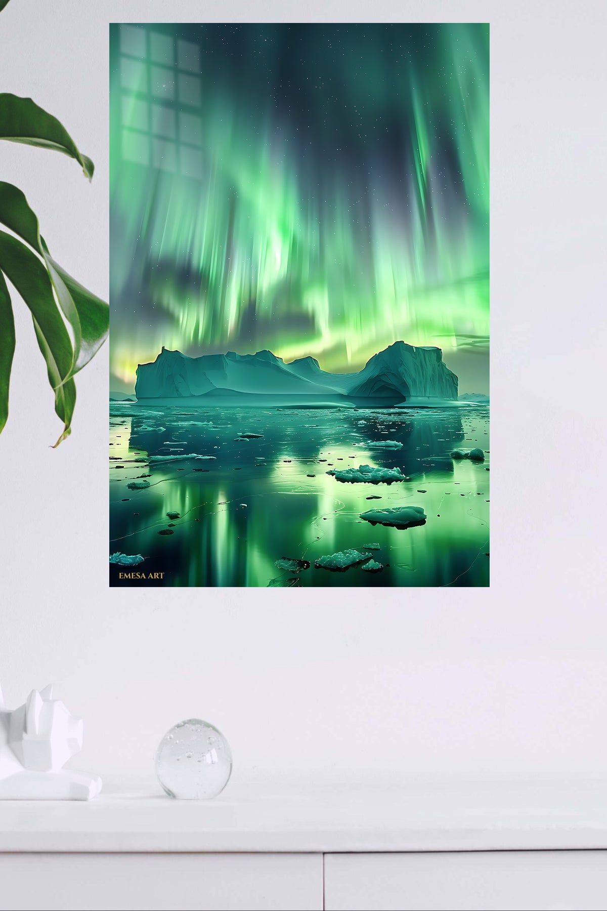 Emerald Aurora Over Iceberg metal wall art displayed in a modern interior
