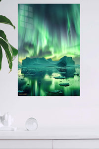 Emerald Aurora Over Iceberg metal wall art displayed in a modern interior