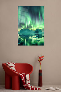 Emerald Aurora Over Iceberg metal wall art displayed in a contemporary living space