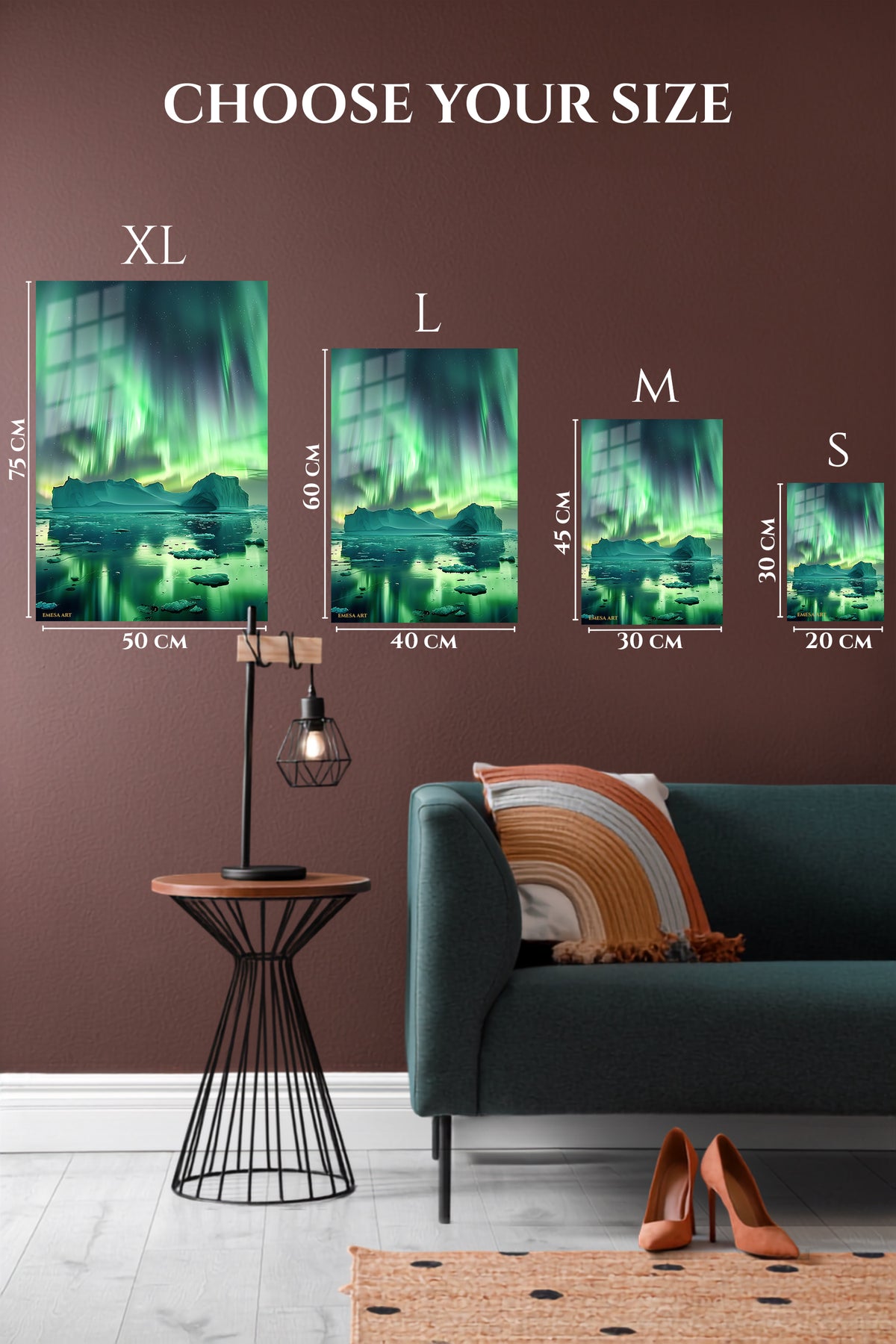 EMESA metal wall art size comparison guide for Emerald Aurora Over Iceberg