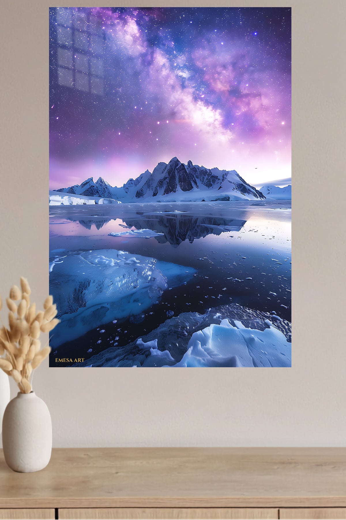 Violet Milky Way Over Frozen Peaks metal wall art displayed in a modern interior