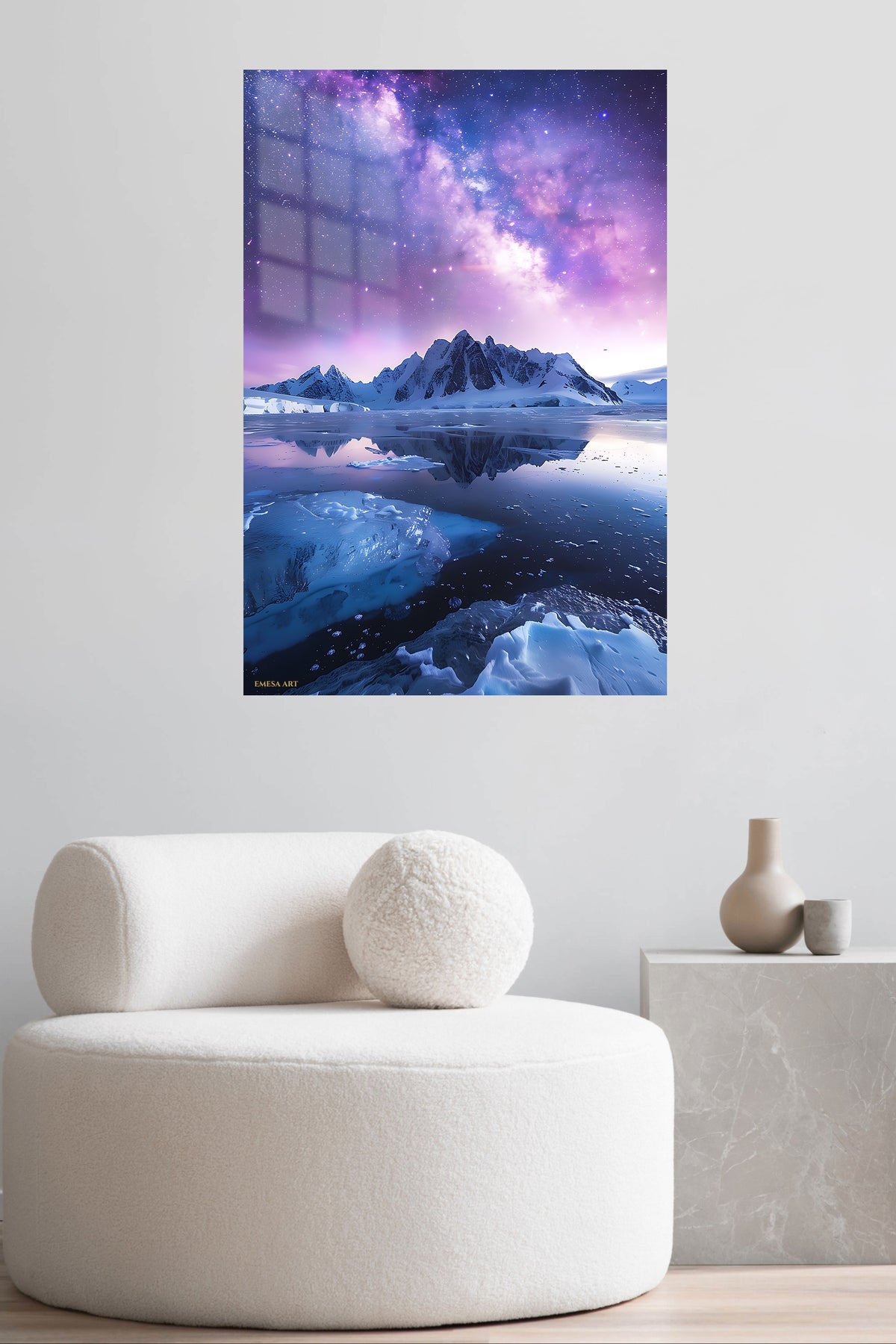 Violet Milky Way Over Frozen Peaks metal wall art displayed in a contemporary living space