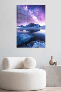 Violet Milky Way Over Frozen Peaks metal wall art displayed in a contemporary living space
