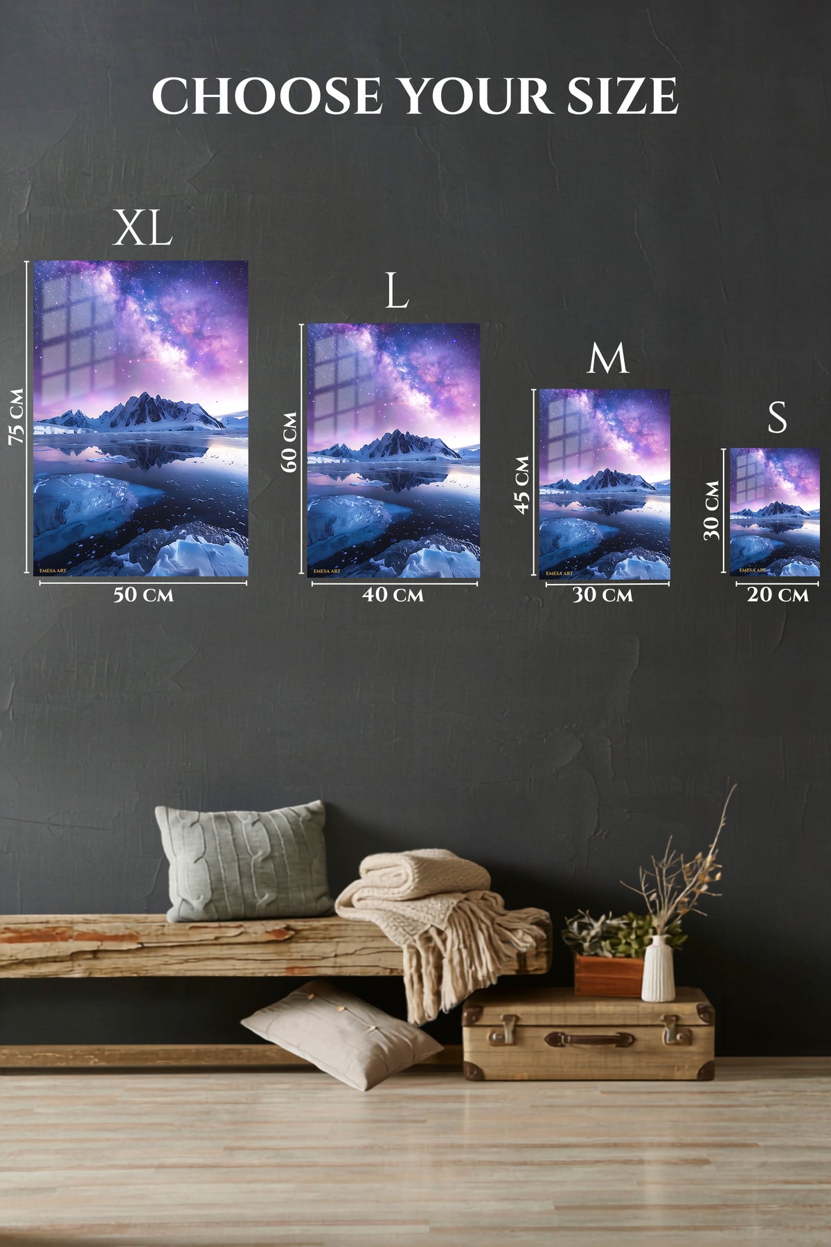 EMESA metal wall art size comparison guide for Violet Milky Way Over Frozen Peaks