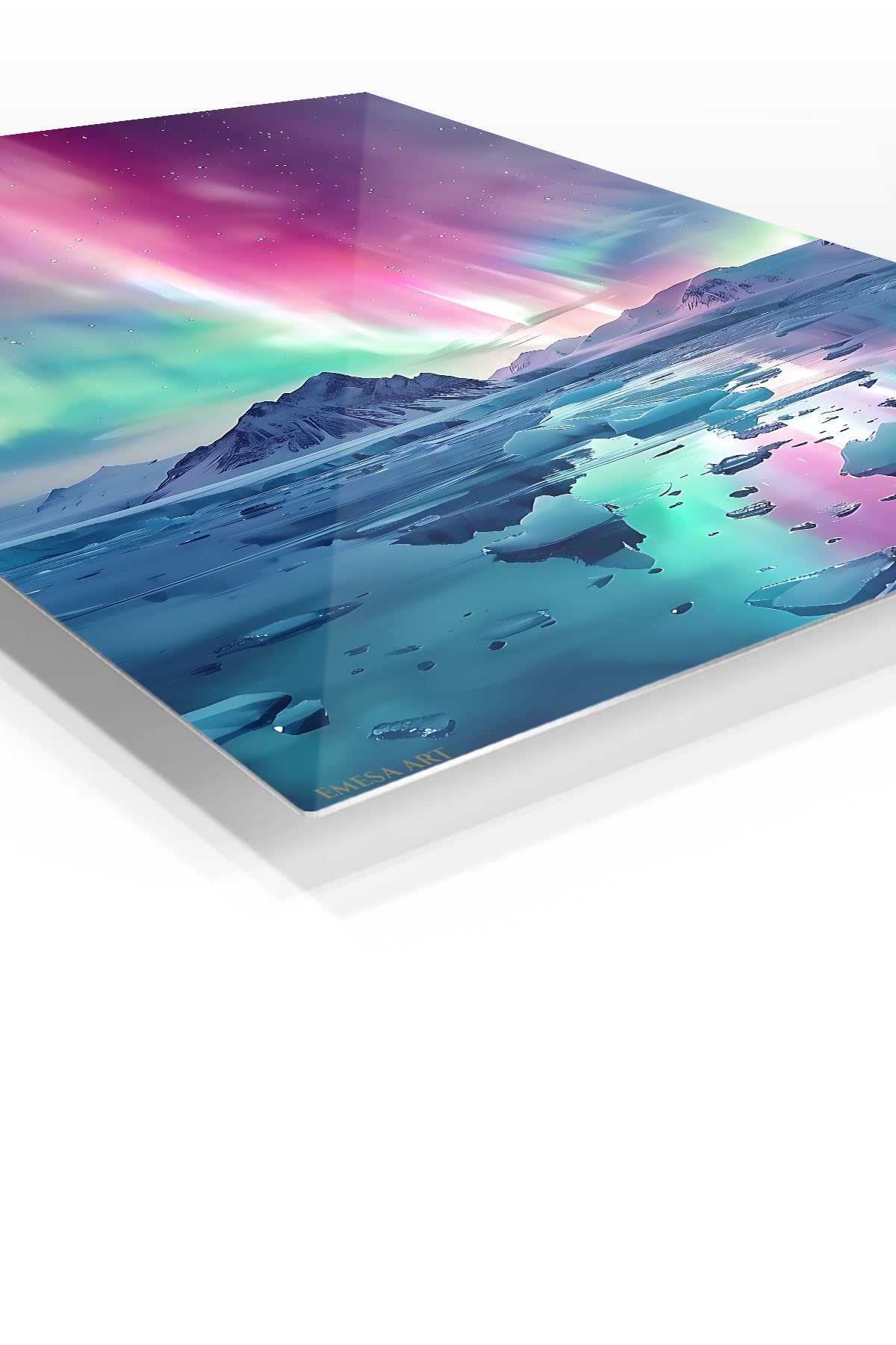 Aurora Over Frozen Peaks premium metal wall art – angled view