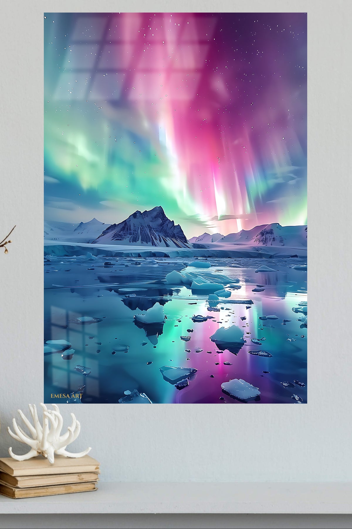 Aurora Over Frozen Peaks metal wall art displayed in a modern interior