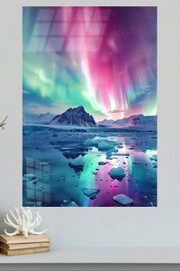 Aurora Over Frozen Peaks metal wall art displayed in a modern interior