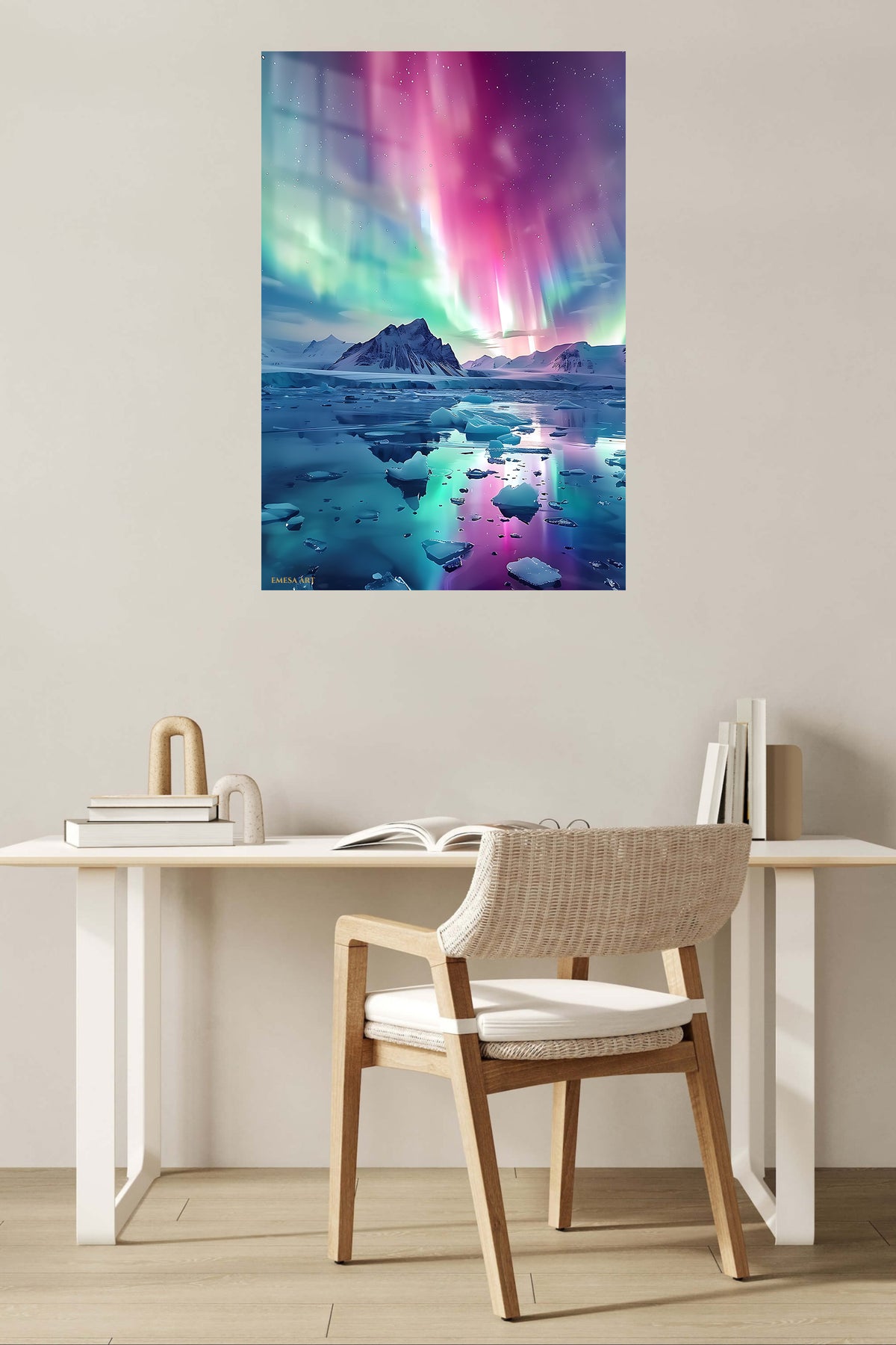 Aurora Over Frozen Peaks metal wall art displayed in a contemporary living space