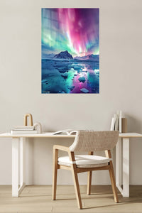 Aurora Over Frozen Peaks metal wall art displayed in a contemporary living space