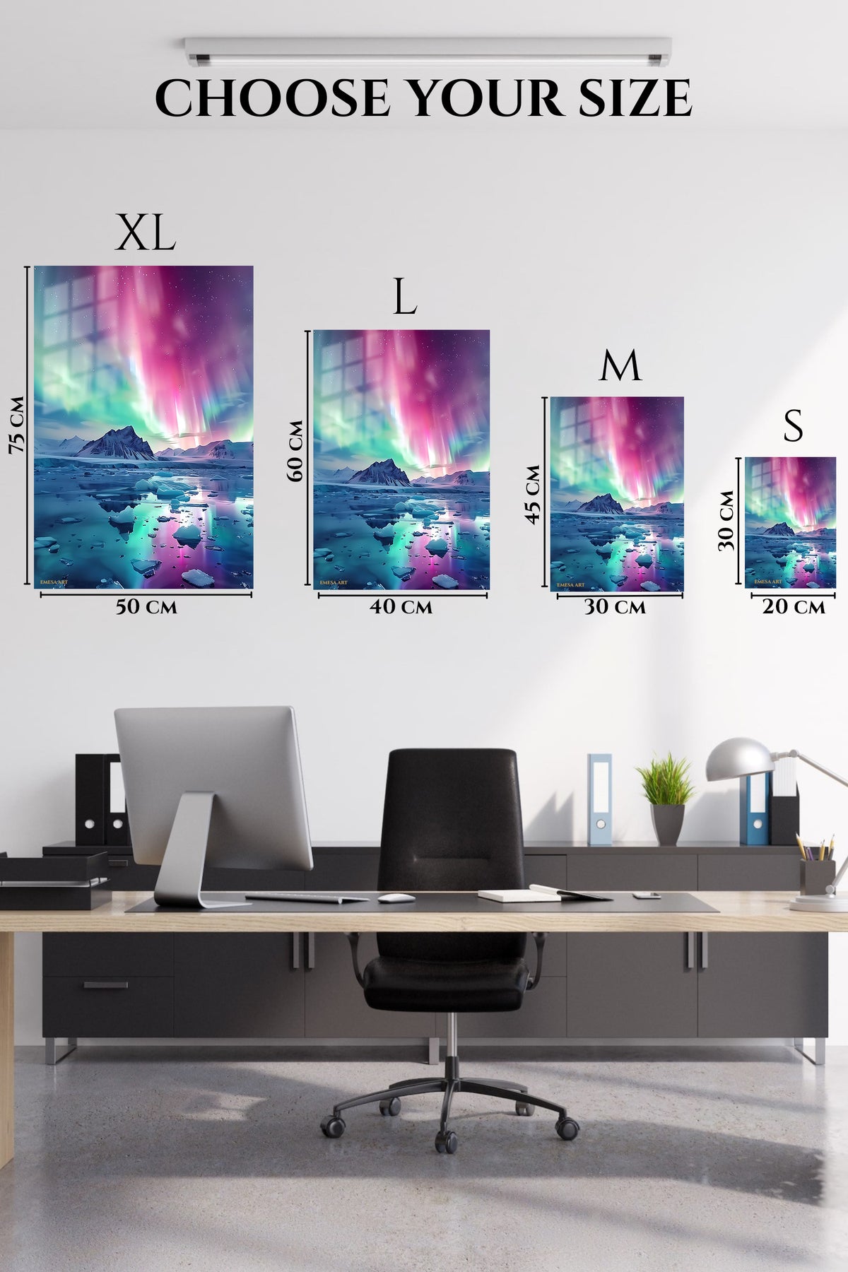 EMESA metal wall art size comparison guide for Aurora Over Frozen Peaks
