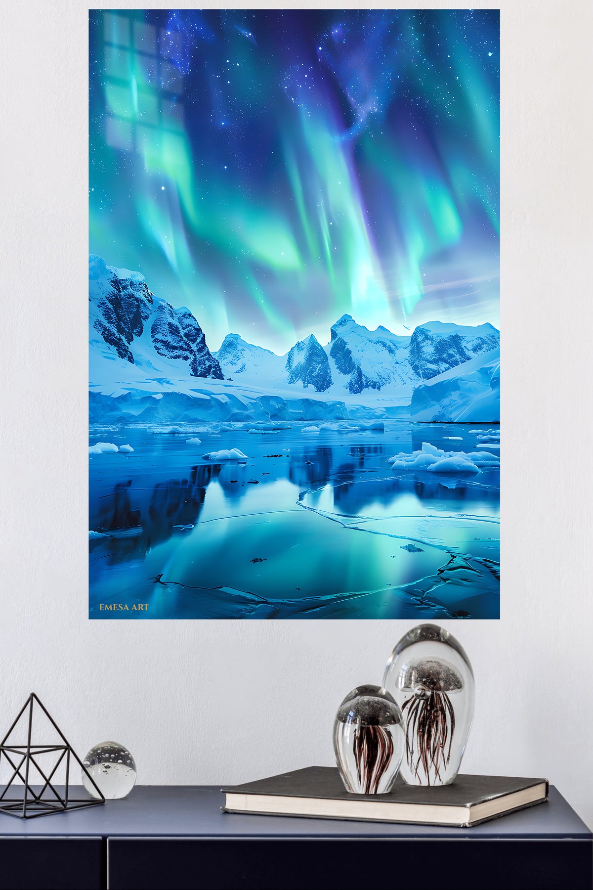 Aurora Over Frozen Peaks metal wall art displayed in a modern interior