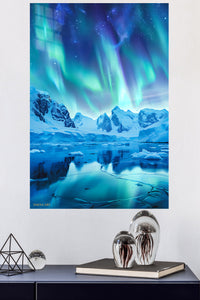 Aurora Over Frozen Peaks metal wall art displayed in a modern interior