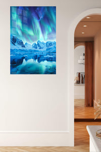 Aurora Over Frozen Peaks metal wall art displayed in a contemporary living space