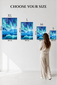 EMESA metal wall art size comparison guide for Aurora Over Frozen Peaks