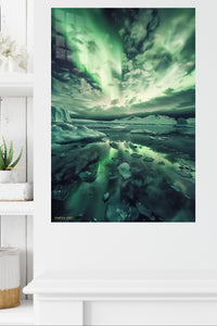 Emerald Aurora Over Ice metal wall art displayed in a modern interior