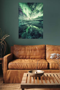 Emerald Aurora Over Ice metal wall art displayed in a contemporary living space